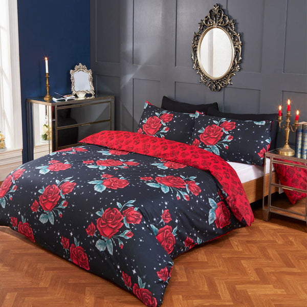 English Rose Design Black Red Duvet Set