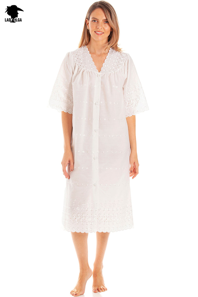 Ladies Button Through Embroidery Anglaise Nightdress by Lady Olga Size 8 - 24