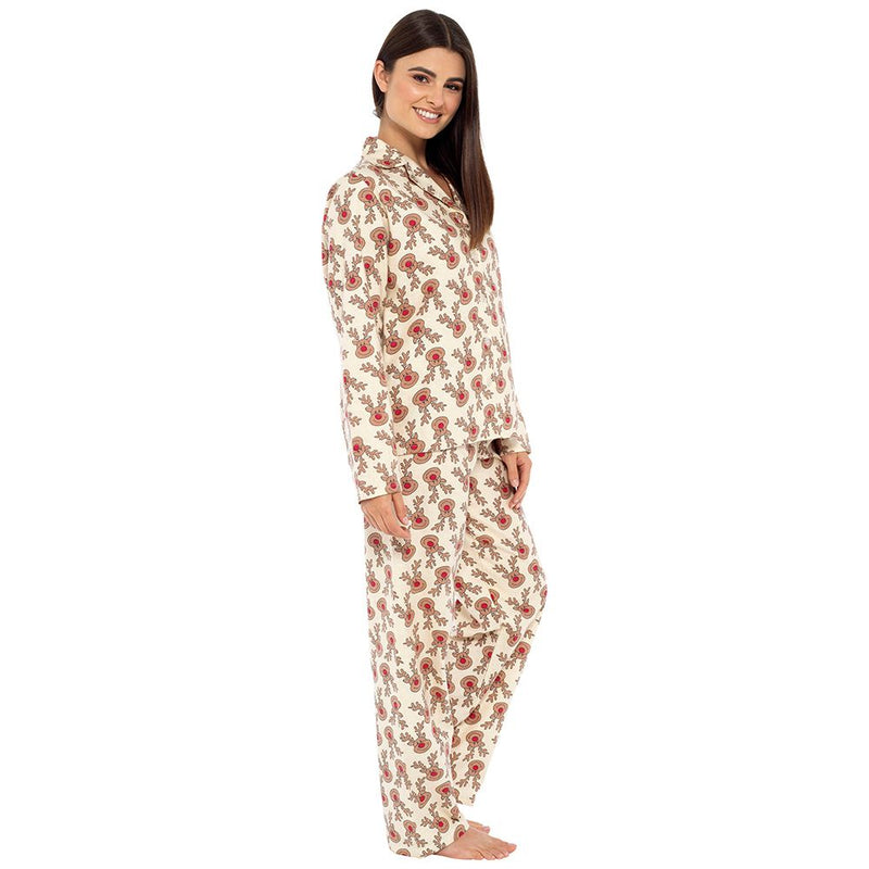 Ladies Reindeer Print Button Through Flannel Pyjama Set By Foxbury Size 8 - 22